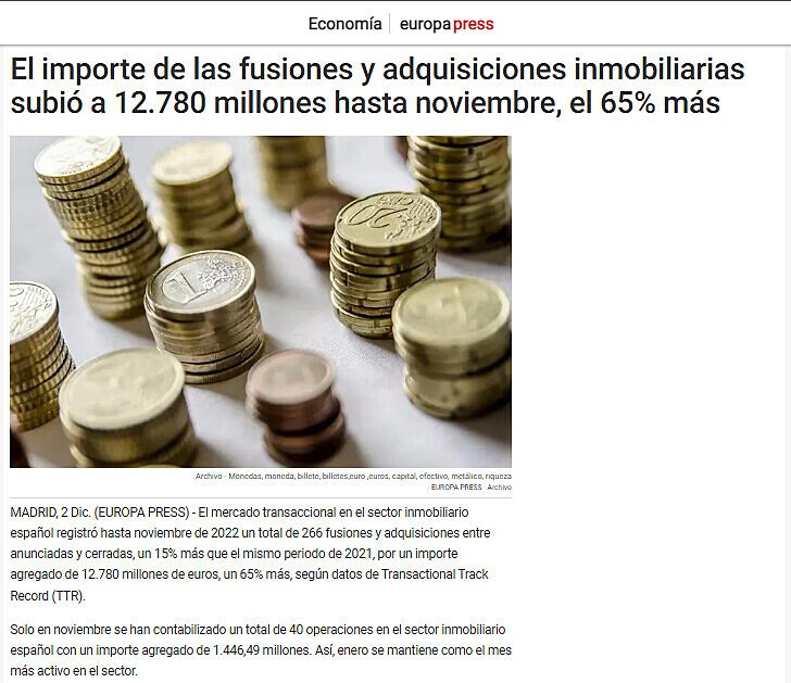 El importe de las fusiones y adquisiciones inmobiliarias subi a 12.780 millones hasta noviembre, el 65% ms